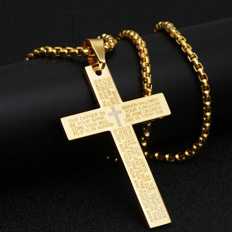 Stainless Steel Cross Necklace for Men Lord's Prayer Bible Cross Pendant Necklaces GZW