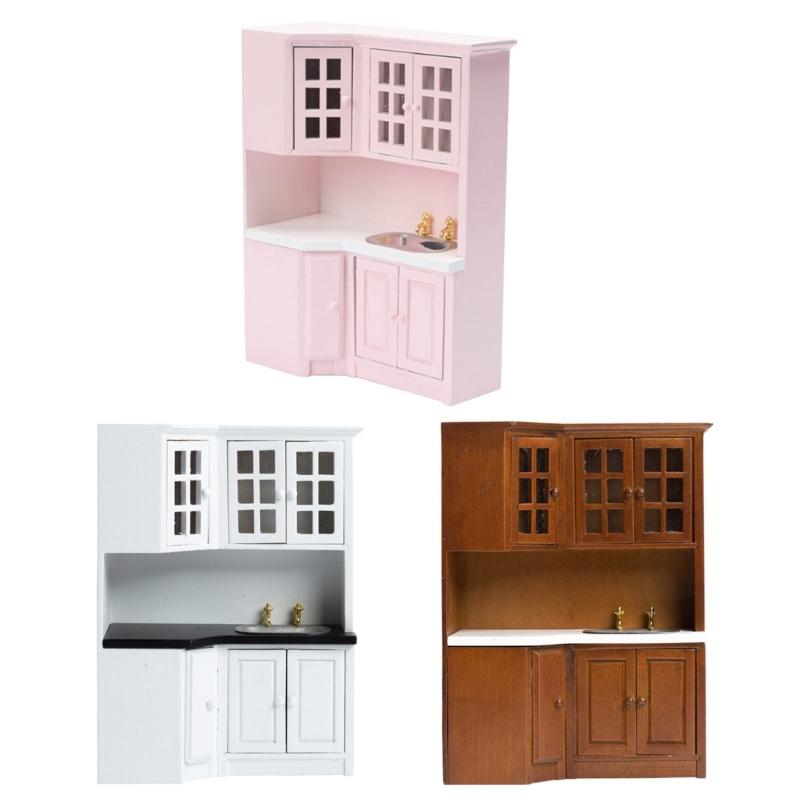 1/12 Dollhouses Kitchen Cabinet Miniature Furniture with Sink Craft Project Model Kitchen Room Scene Decorative Accessory