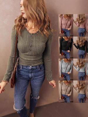 2025 Autumn/Winter Women's Solid Color Button Long Sleeve T-Shirt