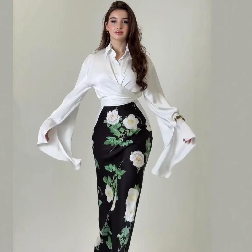 2025 Autumn European & American Satin Shirt and Bodycon Skirt Set with Flared Sleeves and Turn-Down Collar for Women