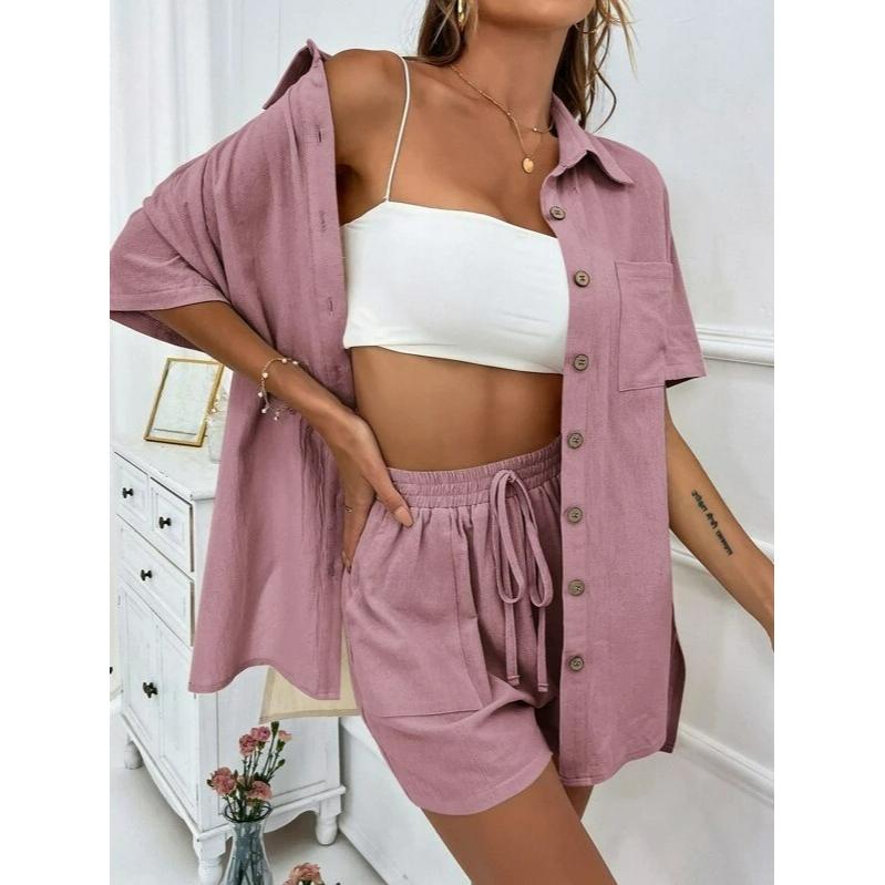 Fashion Shorts Two-piece Solid Color Shirt Suit Women's Casual Loose Short-sleeved Single-breasted