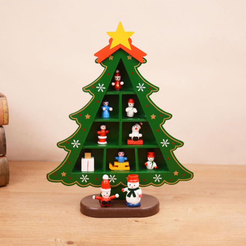 Vintage Wooden Christmas Tree Ornament Desktop Diy Mini Pine Tree with Mini Ornament for Xams Home Decor