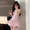 French Sweet Pink Sleeveless Neck Dress Women's Summer Design Sense Waist Skinny Fluffy Short Skirt Small Man