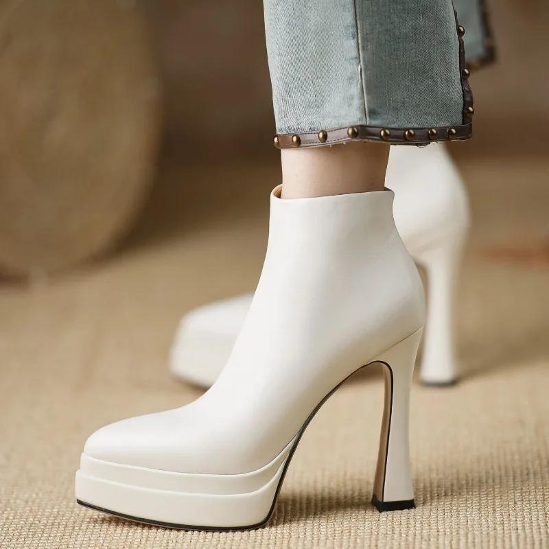 Ultrahohe Damenstiefel Mode Spitz Zehen Hohe Absätze Lederstiefel Dicker Absatz Plateau Botas Seitenreißverschluss Hochhackige Stiefeletten