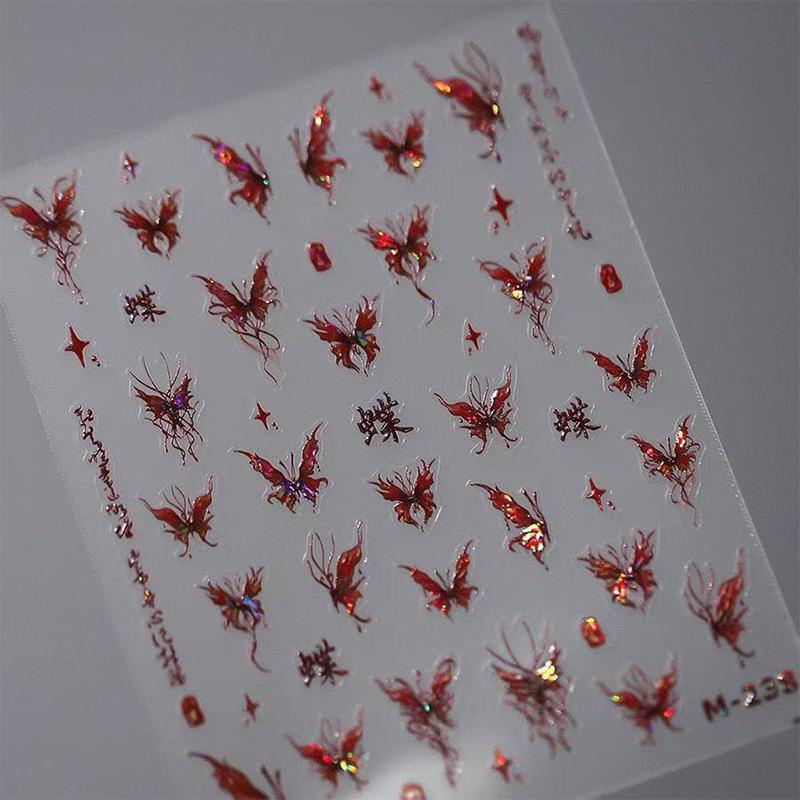 Red Butterfly Nail Stickers Flash Design Decals Self Adhesive Stereoscopic Nail Charm Decoration Accessories