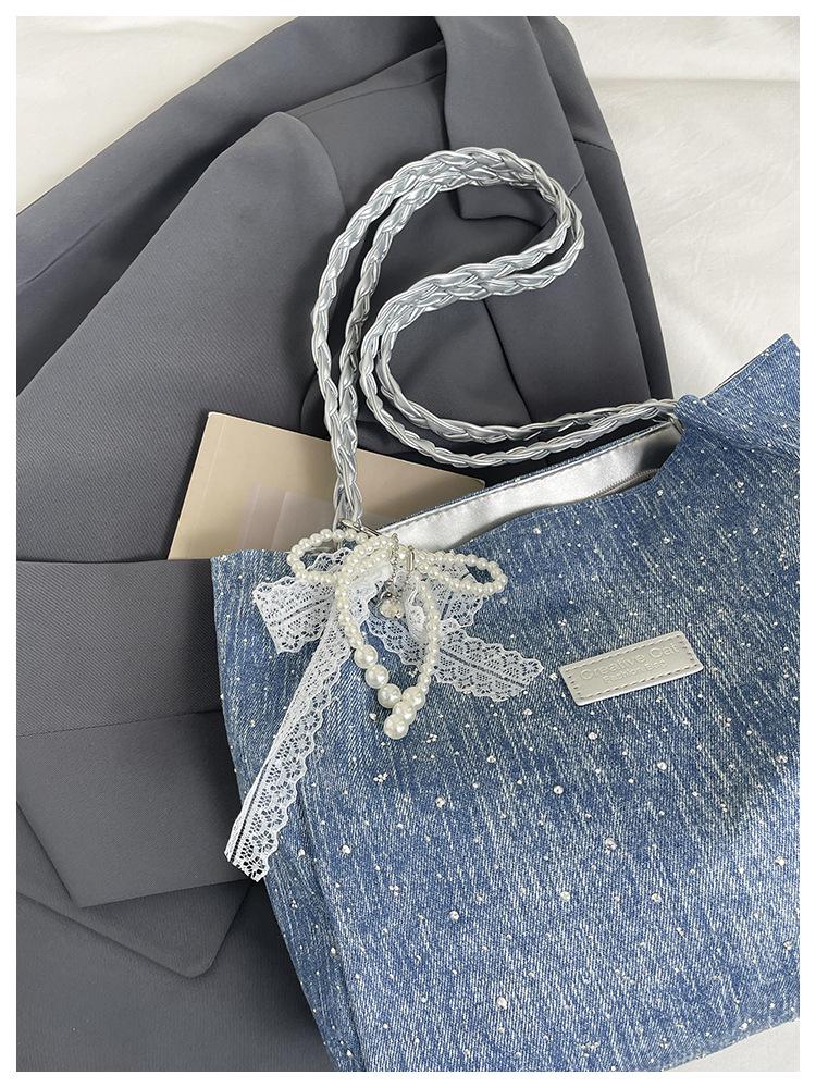Pearl Bow Diamond Denim Tote: Stylish Summer Shoulder Bag with Large Capacity