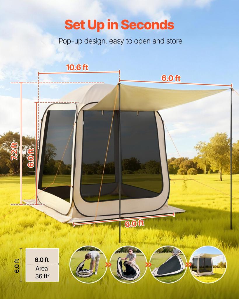 Screen House Tent, 1825 x 1825 x 2200 mm, 4-6 Person Pop Up Screen Tent with Extended Awning, Portable Screened in Canopy with Carry Bag, Netting
