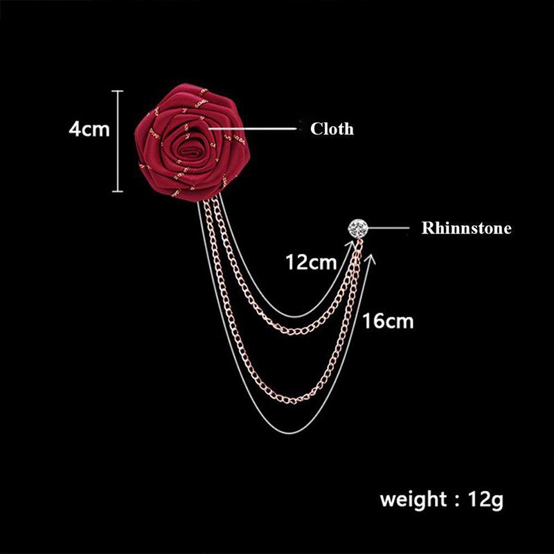 Men Wedding Brooches Cloth Art Handmade Rose Flower Brooch Lapel Pin Badge Tassel Chain Men'S Suit Accessories Groom Boutonniere