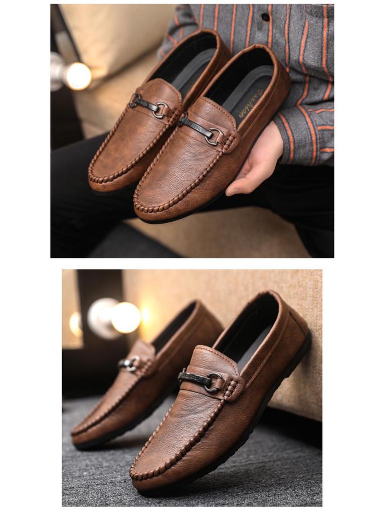 Men's Handmade Soft-Soled Leather Loafers: Wear-Resistant, Trendy, Low-Top Slip-Ons for Casual and Business Wear.