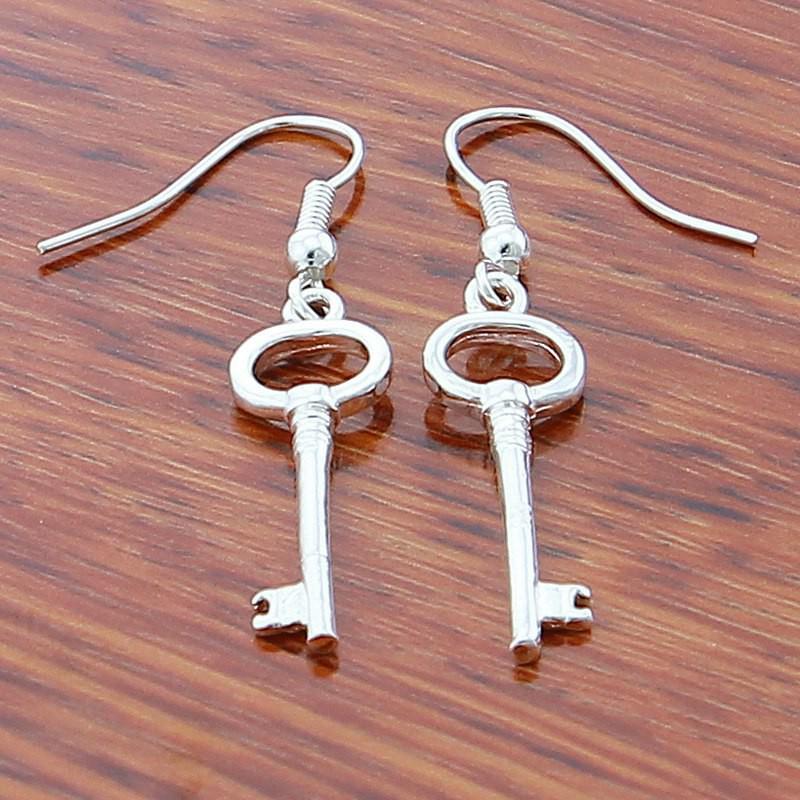 925 Silver Plated Round Head Key Earrings - Korean Fashion Style (Model YE051)