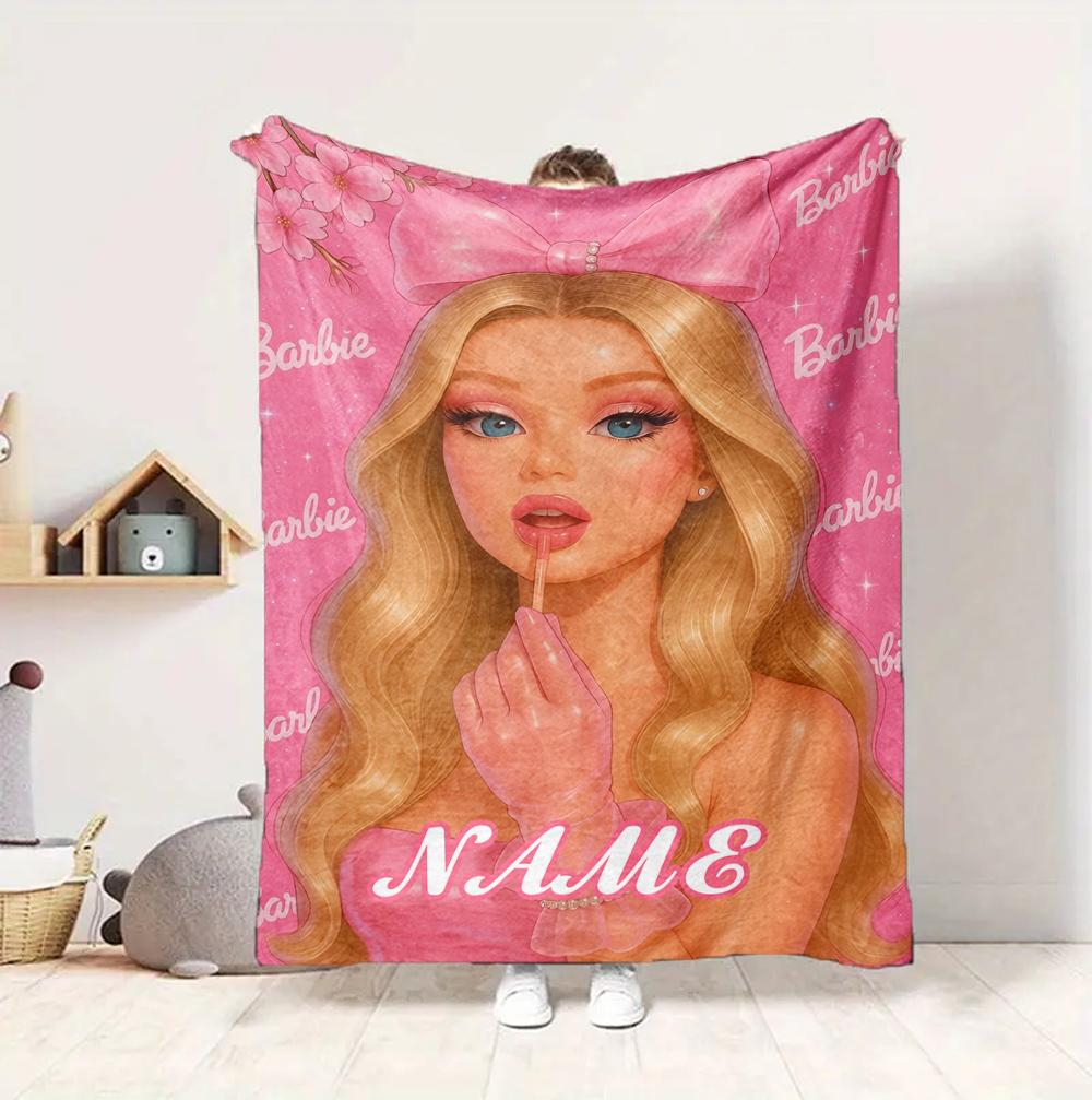 Custom Name Pink Barbie Flannel Blanket Throw Blanket Soft Warm Sofa Bed Home Decor Unique Gift
