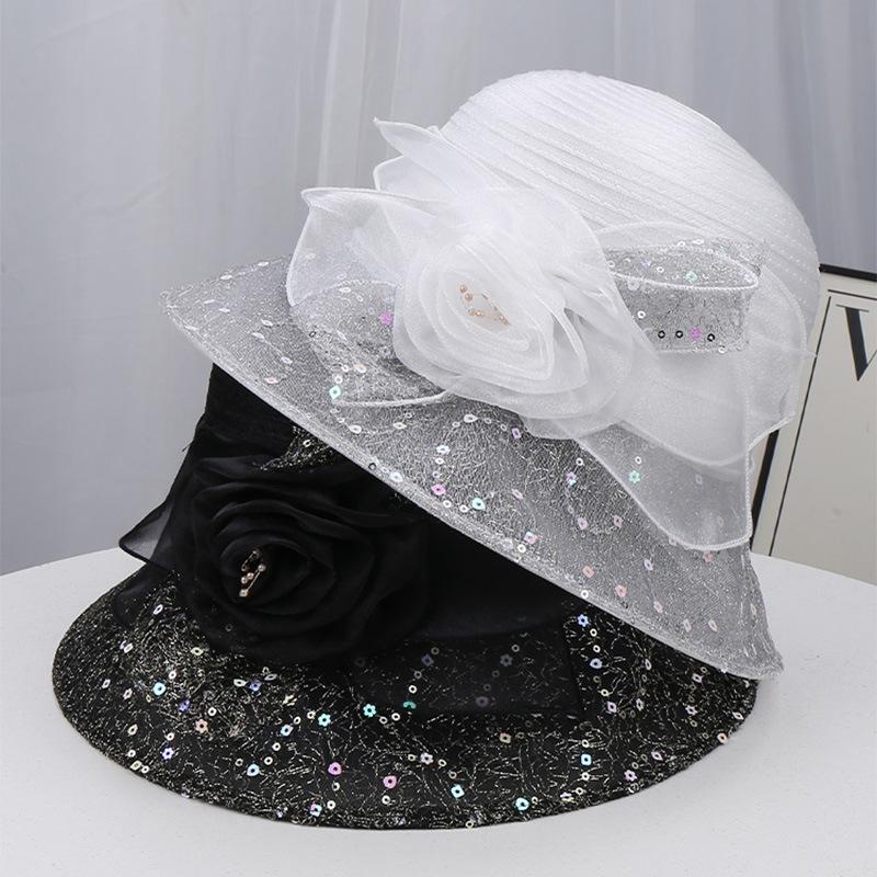 Spring and Summer New Light Luxury Mesh Sequined Top Hat Women's Banquet Sun Hat Three-dimensional Rose Decoration Light and Breathable