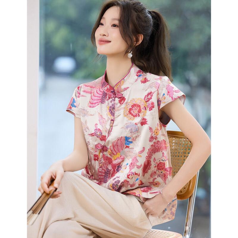 Oudifuo Women s Chinese Style Short Sleeve Floral Blouse XL