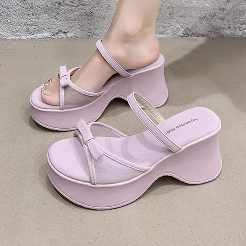 

Модные женские туфли на высоком каблуке, шлепанцы на платформе с бантом, дизайнерская обувь, летние женские босоножки на каблуке, новинка 2025, модные шлепанцы, туфли-лодочки, Zapatillas Mujer 39 пастельный фиолетовый
