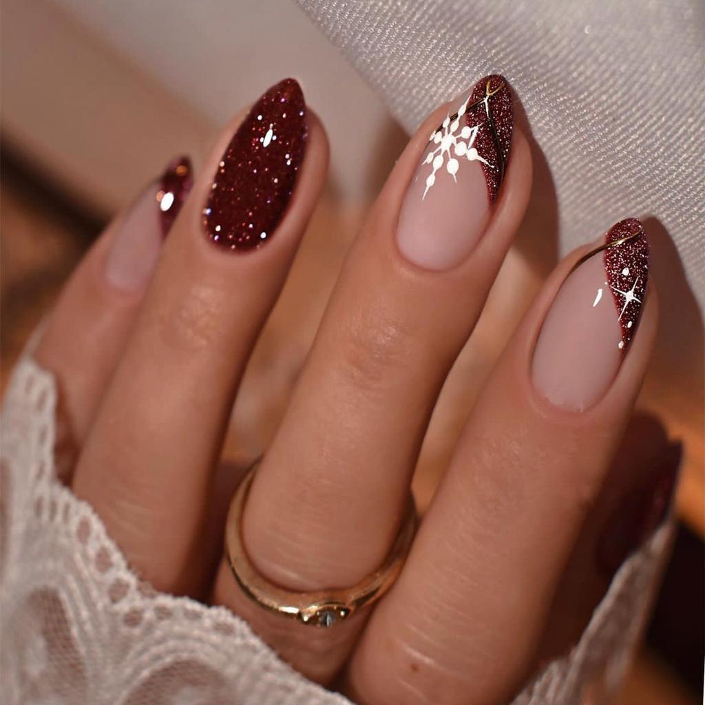 24Pcs Christmas Snowflake Red Glitter Stripe Almond Press On Nails Full Cover Fake Nail Tips Wearable Manicure Set
