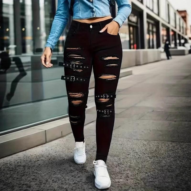 2026 Neue zerrissene Skinny Jeans für Damen, Gürtel-Distressed Stretch-Bleistifthosen mit edgy Design für lässigen Streetstyle