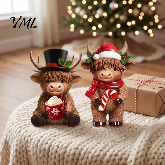 Decorative Highland Cattle Statue 2Pcs Christmas Cow Figurines, Resin Santa Reindeer Cow, with Hat, Seasonal Mantelpiece Ornaments Hot Cocoa,