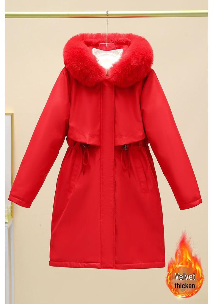 Women's Mid-Length Winter Parka: Thickened Velvet, Korean Style, Loose Fit, Large Fur Collar Cotton Jacket