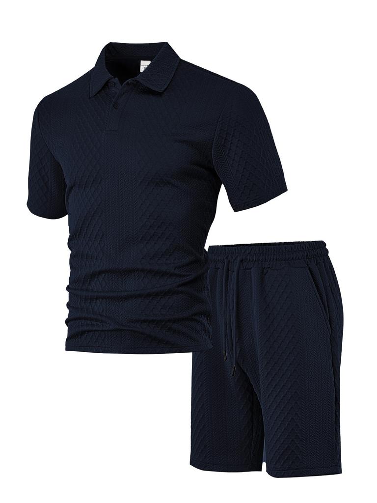 TK Hot Sale Men's Casual Suit Lapel Jacquard Textured Short Sleeve POLO Shirt Drawstring Pants Suit
