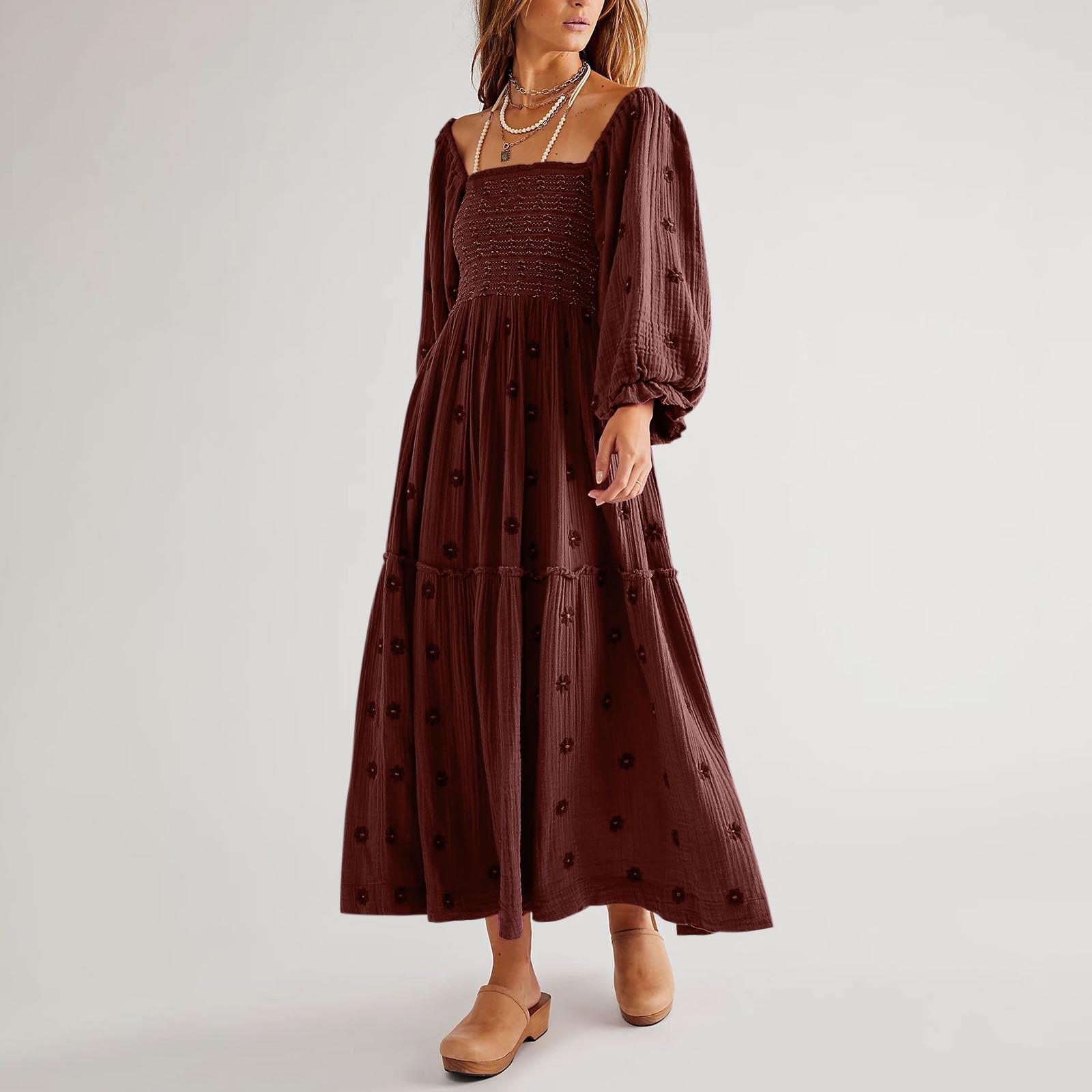 

Осеннее женское повседневное платье с квадратным воротником и роговыми рукавами, длинная юбка, повседневные и летние макси-платья для женщин M коричневый