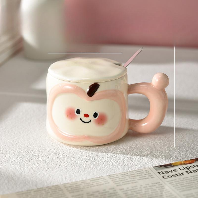 Cute Apple Mug Couple Design Feeling Niche with Lid with Spoon Ceramic Household Lady's High Pretty Drinking Water Cup