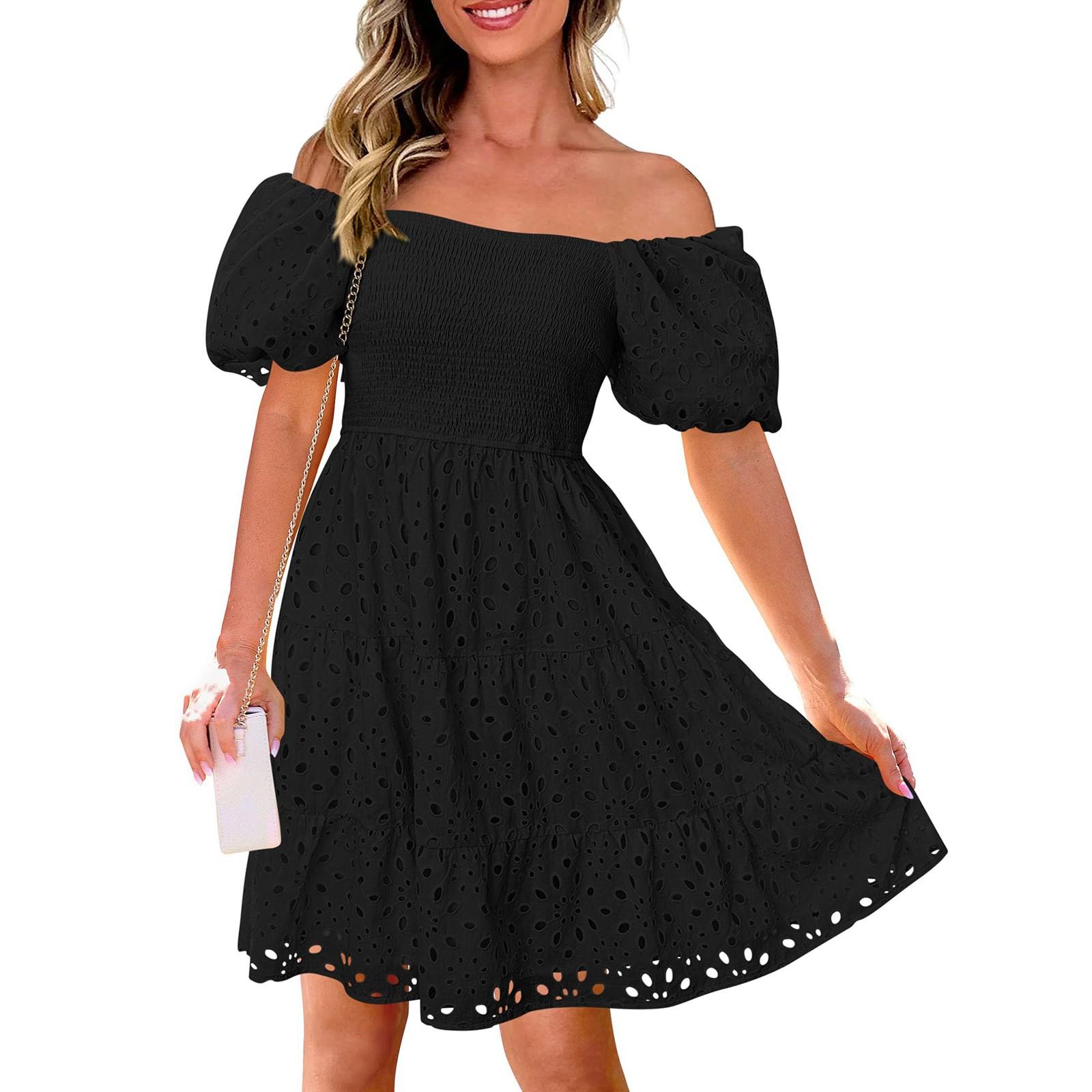 

Женское летнее платье с рукавами-фонариками, открытыми плечами, повседневные короткие платья А-силуэта M чёрный