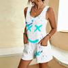 Women Plus Size Sleeveless Scoop Neck Printed Blue Pink Loose Fit Romper Shorts With Pockets