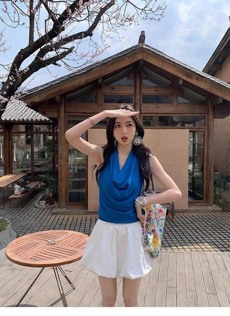 #Summer Korean Version Swinging Collar Neck Sling Vest Women's Sleeveless Slim Slim Backless Integrated with Chest Pad