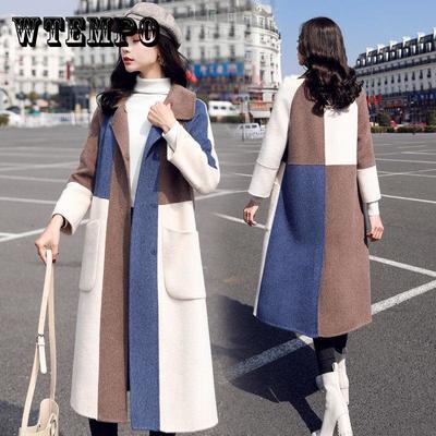 Herbst- und Winter Damen Verdickter Lockerer Koreanischer Stil Farbblock Wollmantel Mittellanger Gesteppter Wollmantel