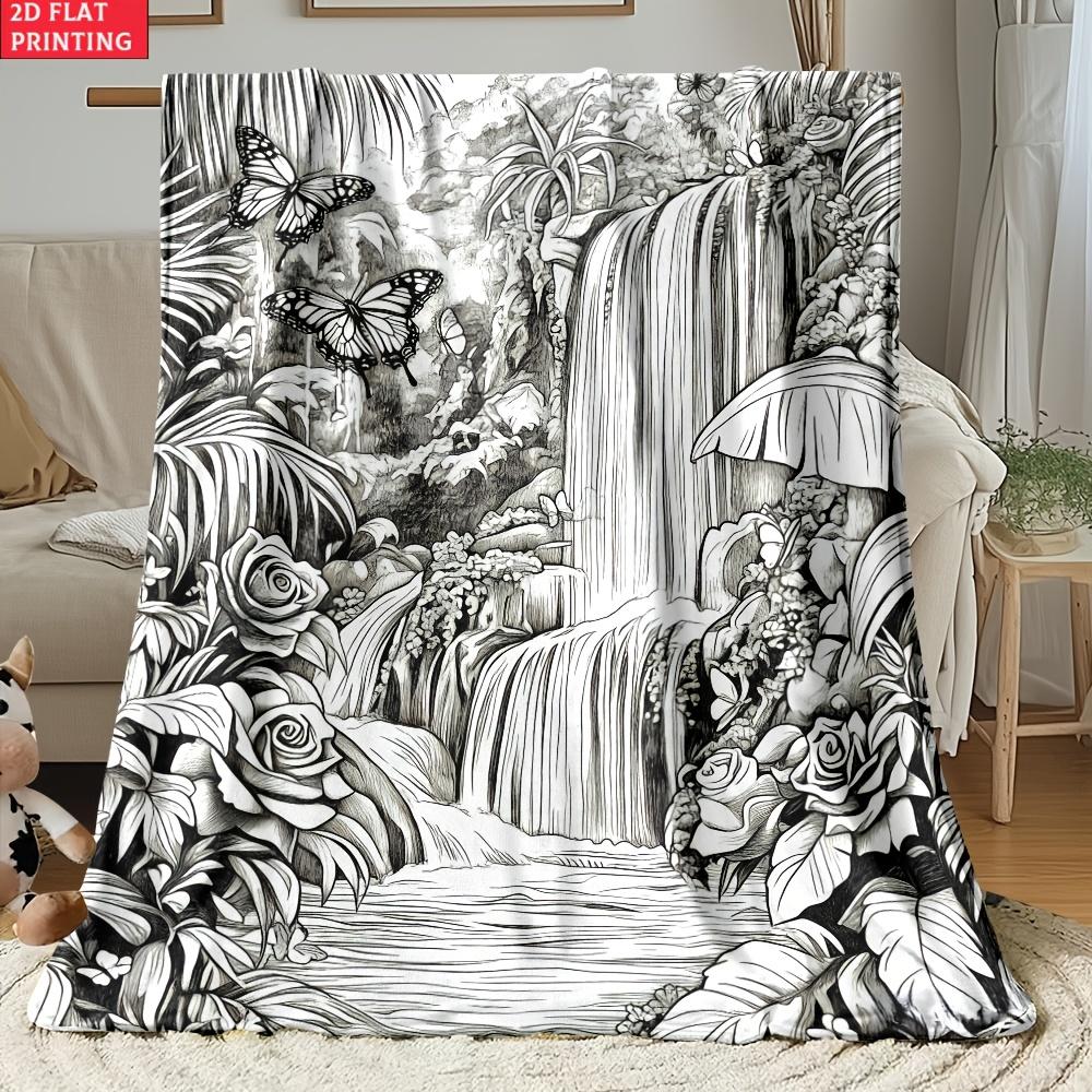 Forest Waterfall Coloring Portable Blanket, 2D Flat Lightweight Home Decor Travel Camping, Soft Warm Digital Printed Fabric