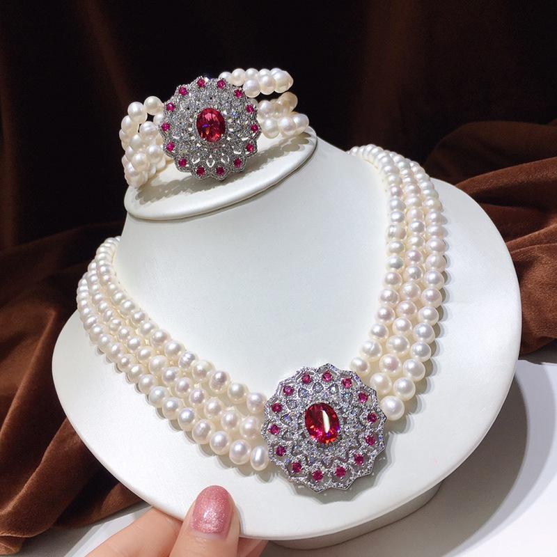 Natural Freshwater Pearl Necklace Set: 7-8mm Near-Round Pearls with Strong Luster, Slight Imperfections, Elegant Three-Layer Design, 131. 7-8mm