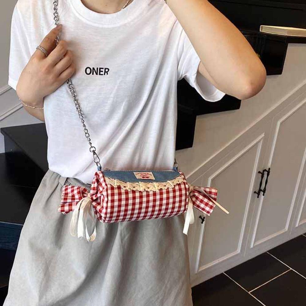 Cherry Red Plaid Crossbody Bag Canvas Denim Lace Shoulder Bag Literary Candy Shape Bag  Summer