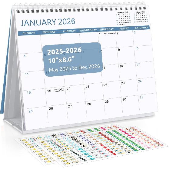 SKYDUE Desk Calendar 2026, 18 Months Small Desk Calendar 2026-2027, Jan 2026 to Jun 2027, 10  x 8  Desktop Calendar Planner with Stickers, Black синий