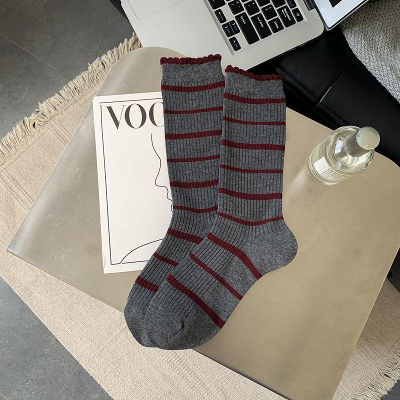 

Женские ангоровые носки до середины икры 2024 - Осень/Зима, Красный бант-сердечко, Серые присборенные One Size