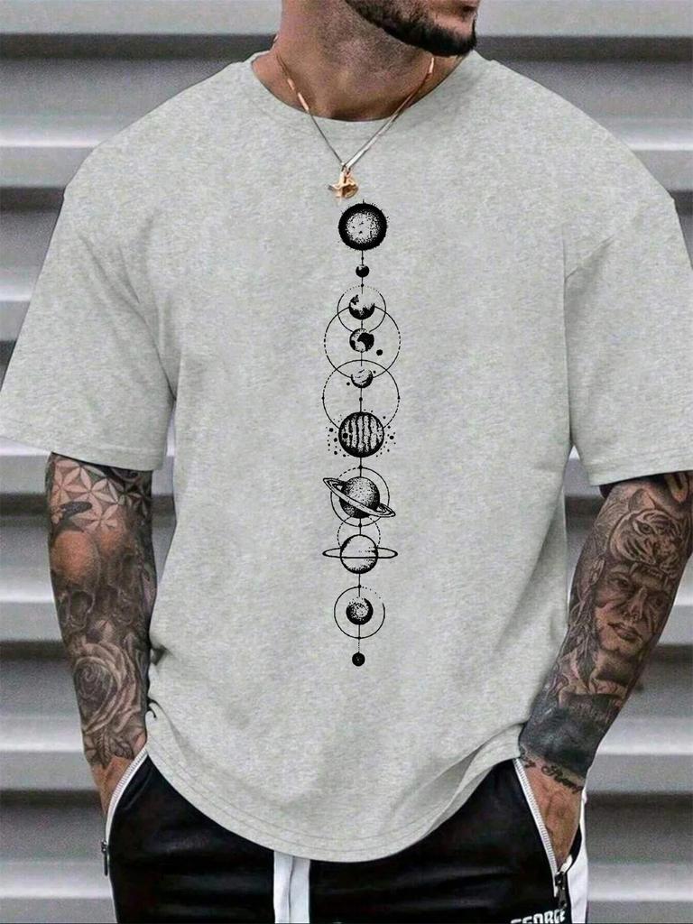 Summer Unisexs Planet Print Round Neck Short Sleeved Street Casual Sports Loose Neutral Soft Breathable Daily Pure Cotton Tshirt
