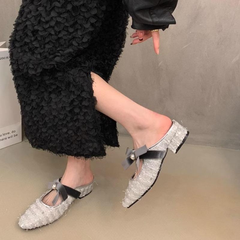 Fashion Fashion Baotou Slippers Spring New Square Head Shallow Mouth Glitter Cloth Butterfly Knot Soft Sole Non-slip Low Heel Shoes