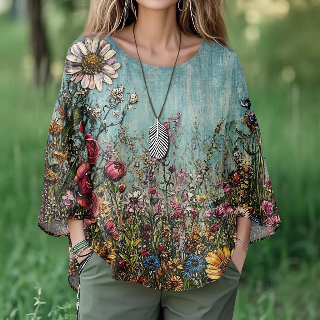 Summer Tops For Women Cute V Neck 3/4 Sleeve Blouses Floral Print Top Casual Shirts