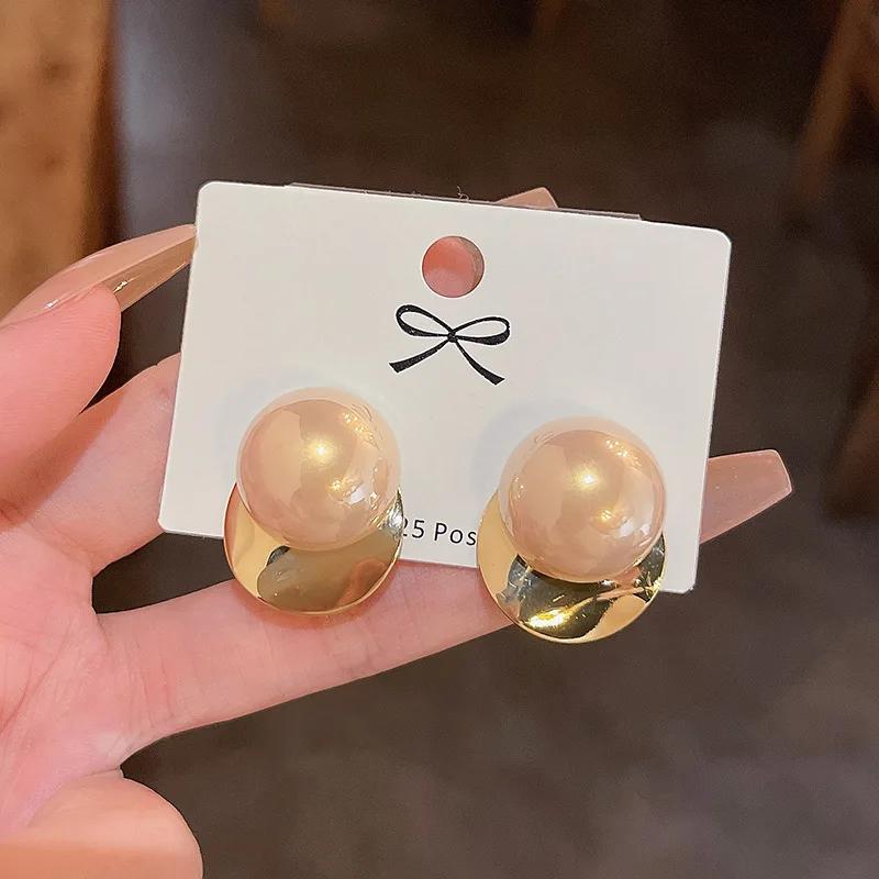 

Pink Round Big Imitation Pearl Geometry Fold Disc Stud Earrings for Women Korean Fashion Cute Girl Zircon Accessories