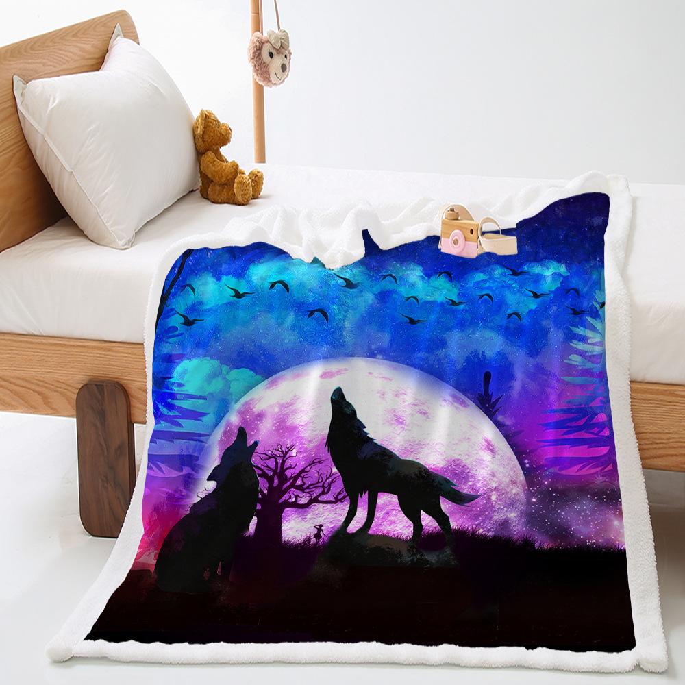 2D Digital Printed Cover Blanket Animal Moonlight Wolf Thickened Lamb Fleece Crystal Fleece Blanket
