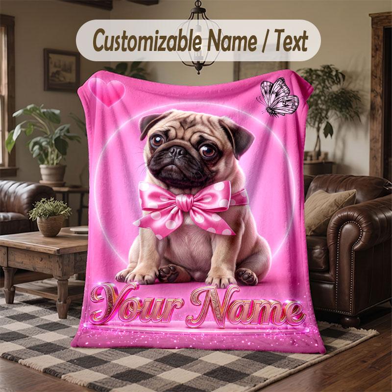 Pug Theme Throw Blanket Custom Name Text Personalized Blanket Soft Cozy Blanket for Home Sofa Bed