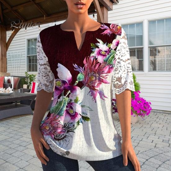 

Женская весенне-летняя повседневная футболка с v-образным вырезом, кружевной пуловер с половиной рукавом, топы, свободная эластичная футболка с цветочным принтом S синий