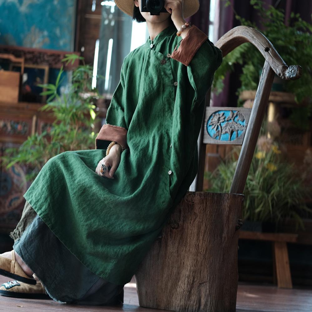 Johnature Frauen Vintage Kleider Stehen Langarm Einfarbig Taste Tücher Herbst A-linie Kleid