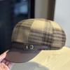 Versatile Leather Brim Plaid Octagonal Hat for Women in Spring and Autumn Trendy Painter's Hat with Small Face and Elegant Temperament