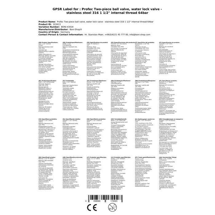 Robinet à Boisseau Sphérique Inox 316, 1 1/2 Pouce, 64 bar