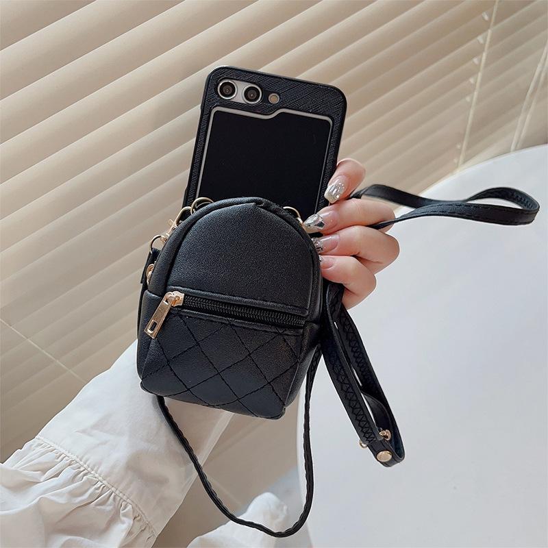 Applicable To Samsung Zflip5 Large-Capacity Mini Schoolbag Mobile Phone Case Clamshell Folding Screen Diagonal Straddle Rope Wallet Card Bag