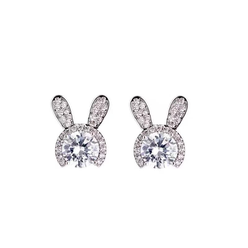Sweet and Small Zircon Rabbit Stud Earrings Cute Animal Earrings Ear Hole Ear Jewelry