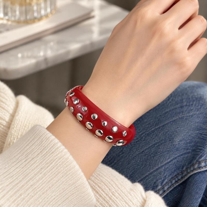 Resin Studded Ring Wide Bangle, Retro Metal Dot Statement Jewelry, Punk Y2K Bold Bracelet Ring for Women Party Daily Outfit