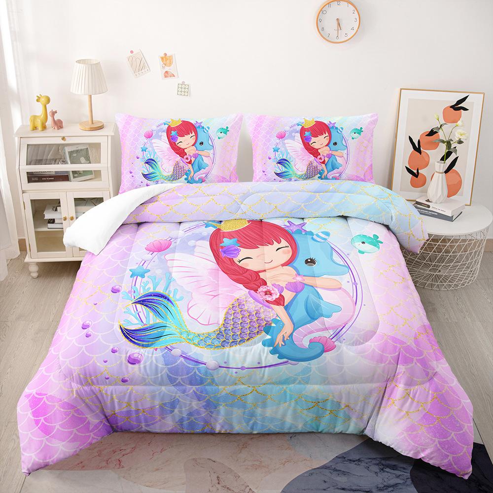 Colored Mermaid Girl Bedding Duvet Cover for Baby Kids Children,Pink Blue Cartoon Mermaid Girl Princess Polyester Quilt Coverset