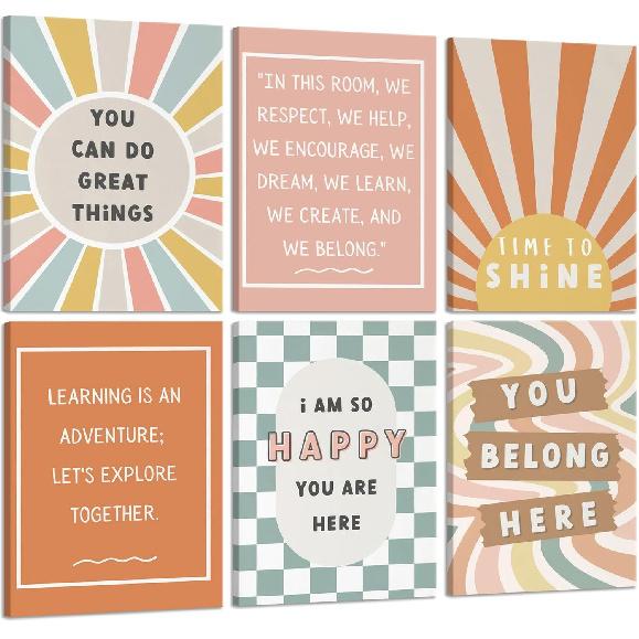 6Pcs Boho pirational Posters Wall Art Positive Affirmations Growth Mindset Canvas Wall Decor Pictures Modern Classroom School Posters Wall Prints for 8x10in