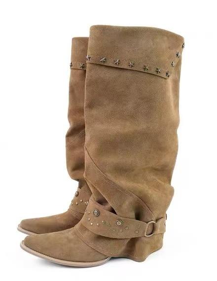 

Cowhide version retro niche design sense pants boots long boots women pointed thick heel hottie black pleated pile boots 40